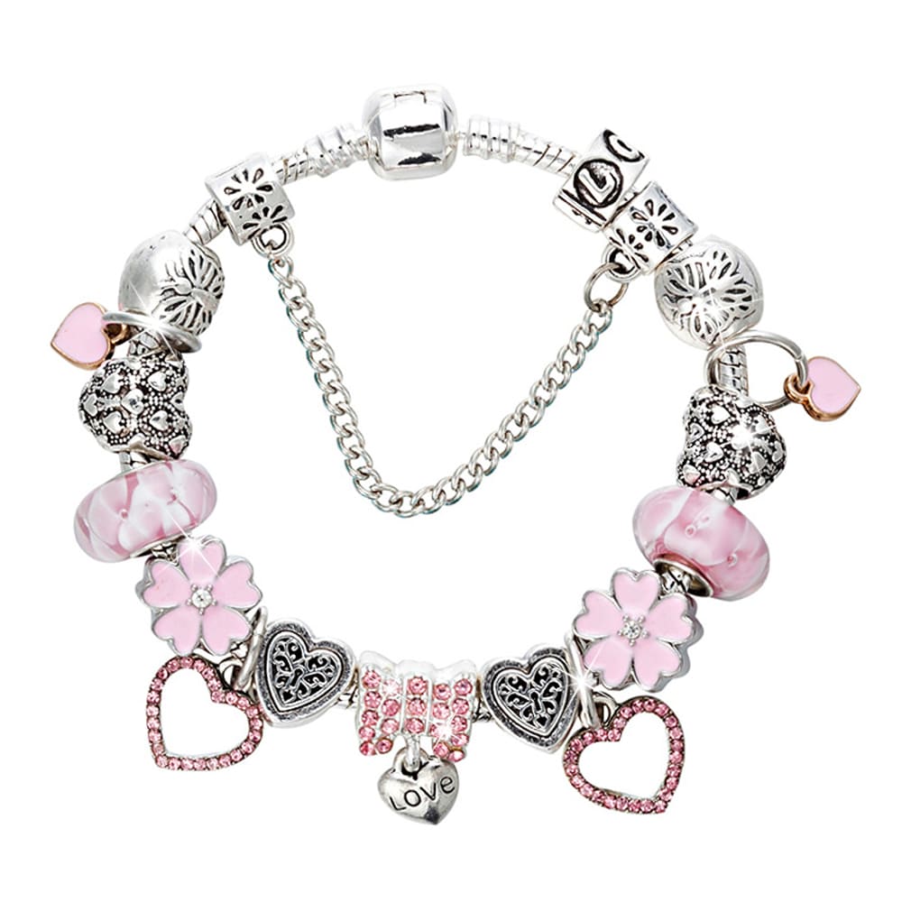 Boxed Pandora Inspired Full Set Beaded Charm Bracelet -  Silver/Pink