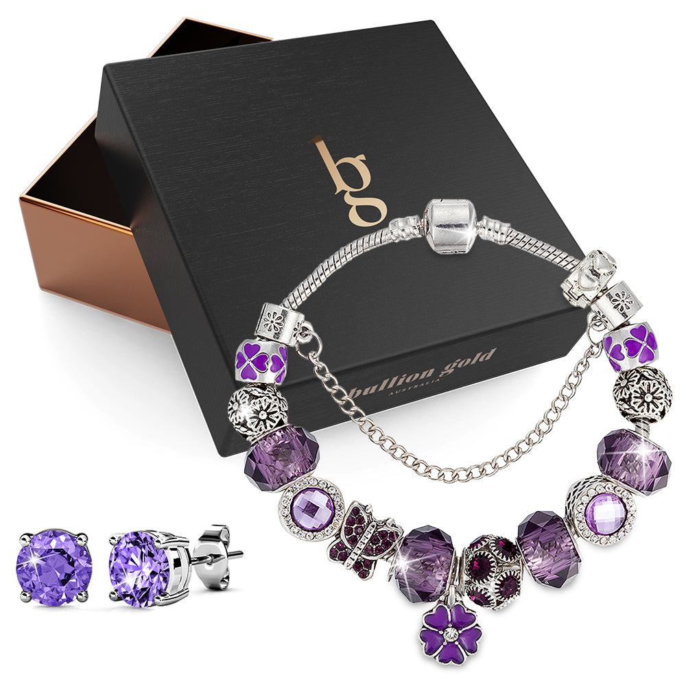 Boxed Pandora Inspired Full Set Beaded Charm Bracelet - Purple