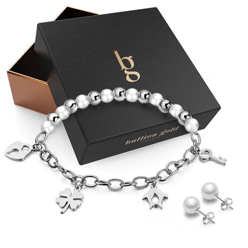 Boxed Charm Bracelet and Pearl Stud Earrings Set