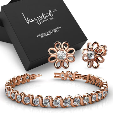 Boxed Venice Tennis Bracelet and Daffodil Stud Earrings Set Embellished with SWAROVSKI® Crystals in Rose Gold