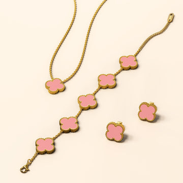 Boxed Pink Clover Necklace, Bracelet and Earrings Set