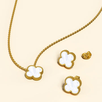 Boxed White Clover Necklace and Earrings Set