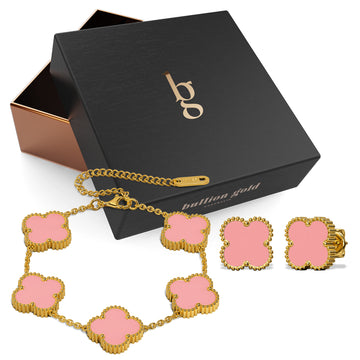 Boxed Pink Clover Bracelet and Earrings Set