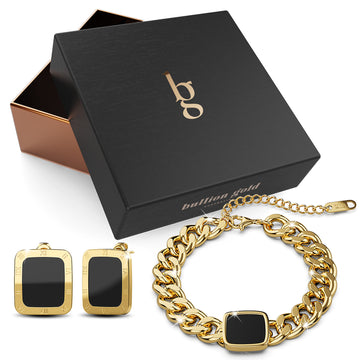 Boxed Fernando Black Earrings and Bracelet Set in Gold