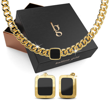Boxed Fernando Black Necklace and Earrings Set in Gold