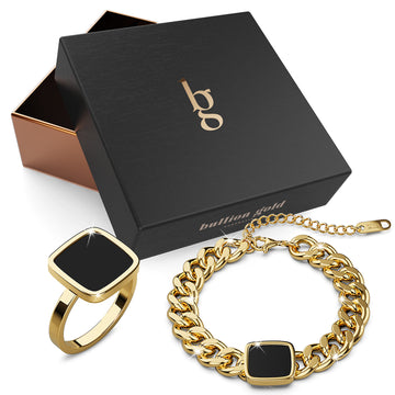 Boxed Fernando Black Bracelet and Ring Set in Gold