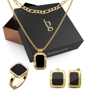 Boxed Fernando Black Earrings, Necklace and Ring Set in Gold
