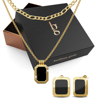 Boxed Fernando Black Necklace and Earrings Set in Gold