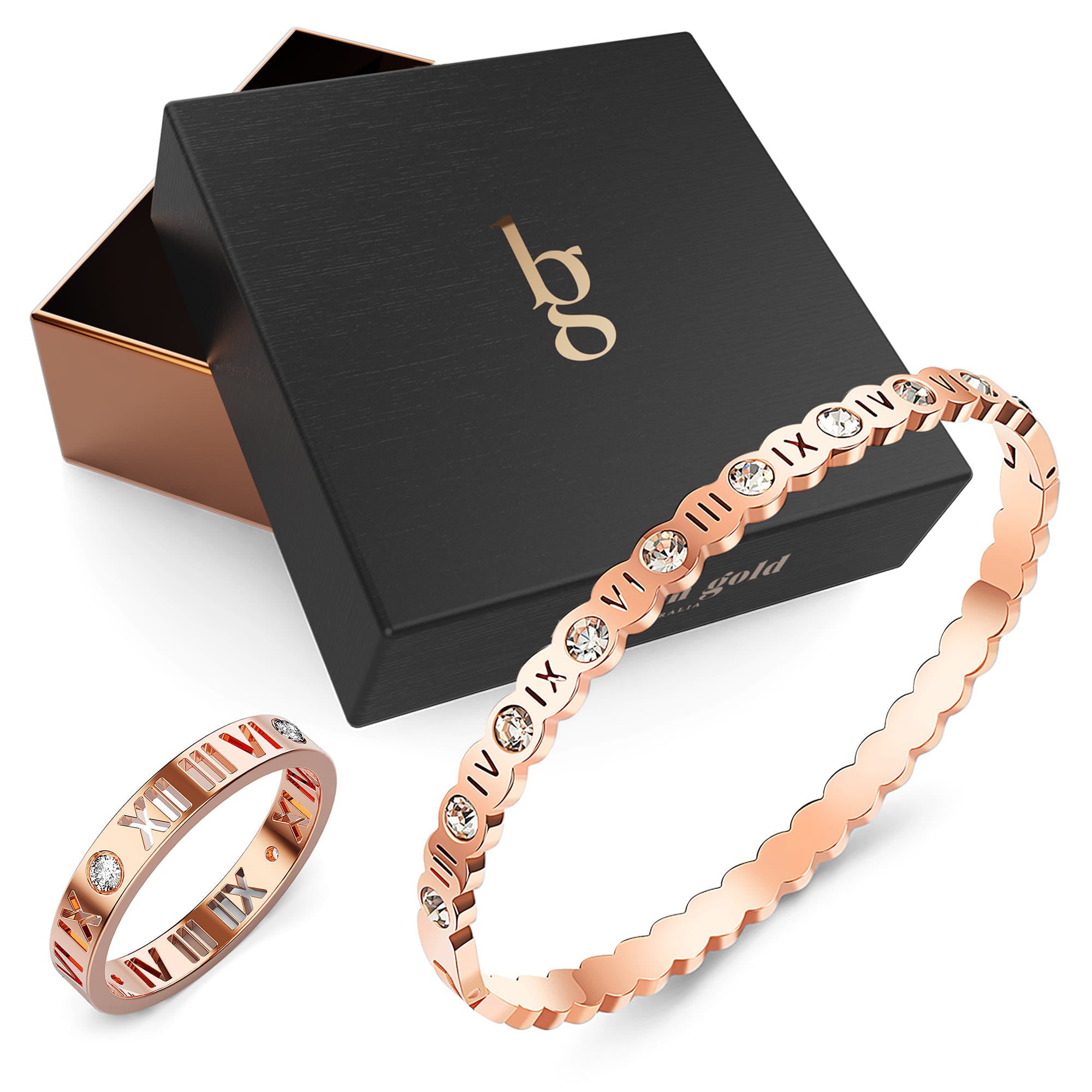 Boxed Roman numeral Ring and Bangle Set in Rose Gold