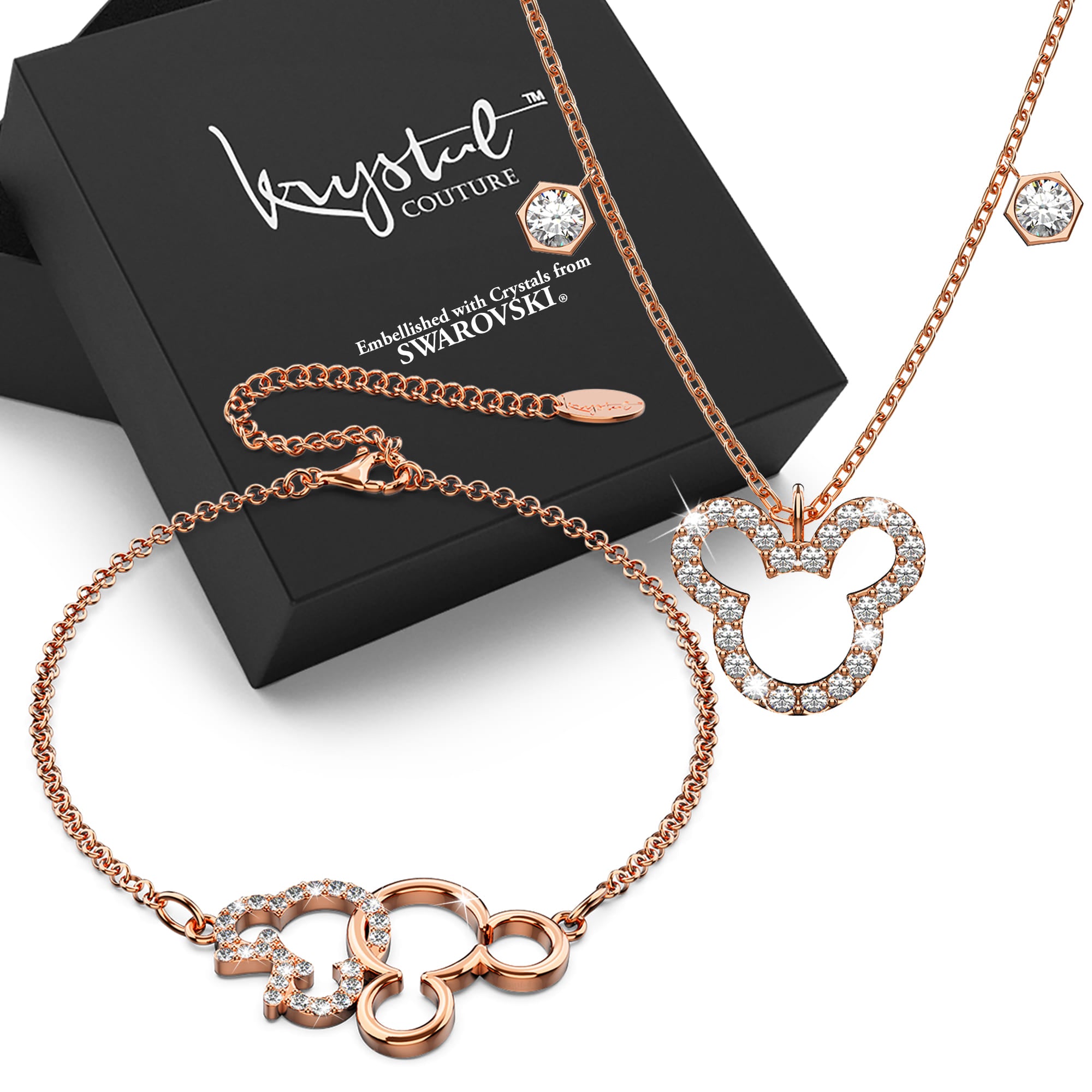 Boxed Rose Gold Mickey Bracelet and Necklace Set Embellished with SWAROVSKI® Crystals