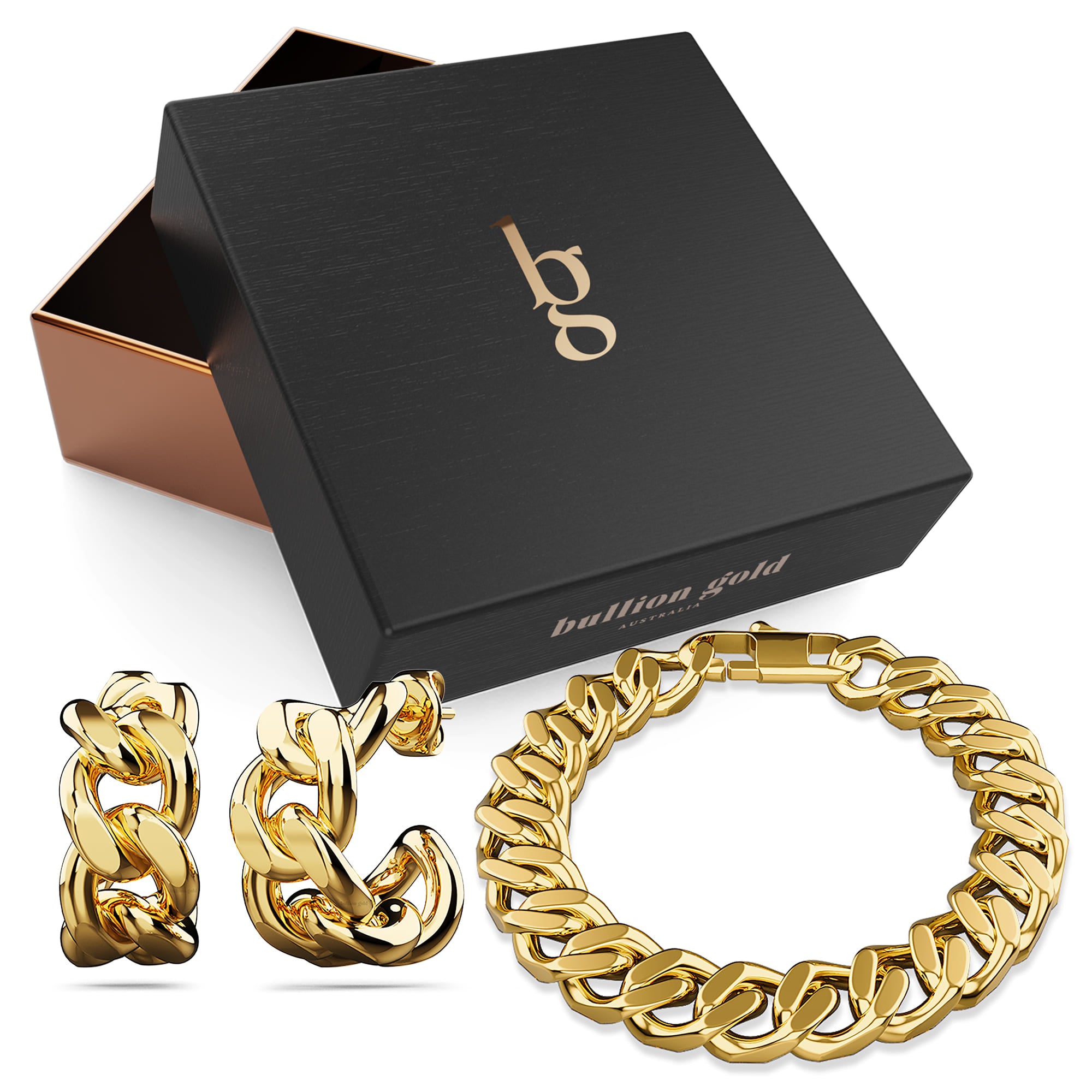 Boxed Golden Chainlink Earrings and Bracelet Set