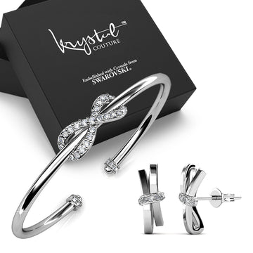 Boxed Infinity Tied up Earrings and Bangle Set in White Gold
