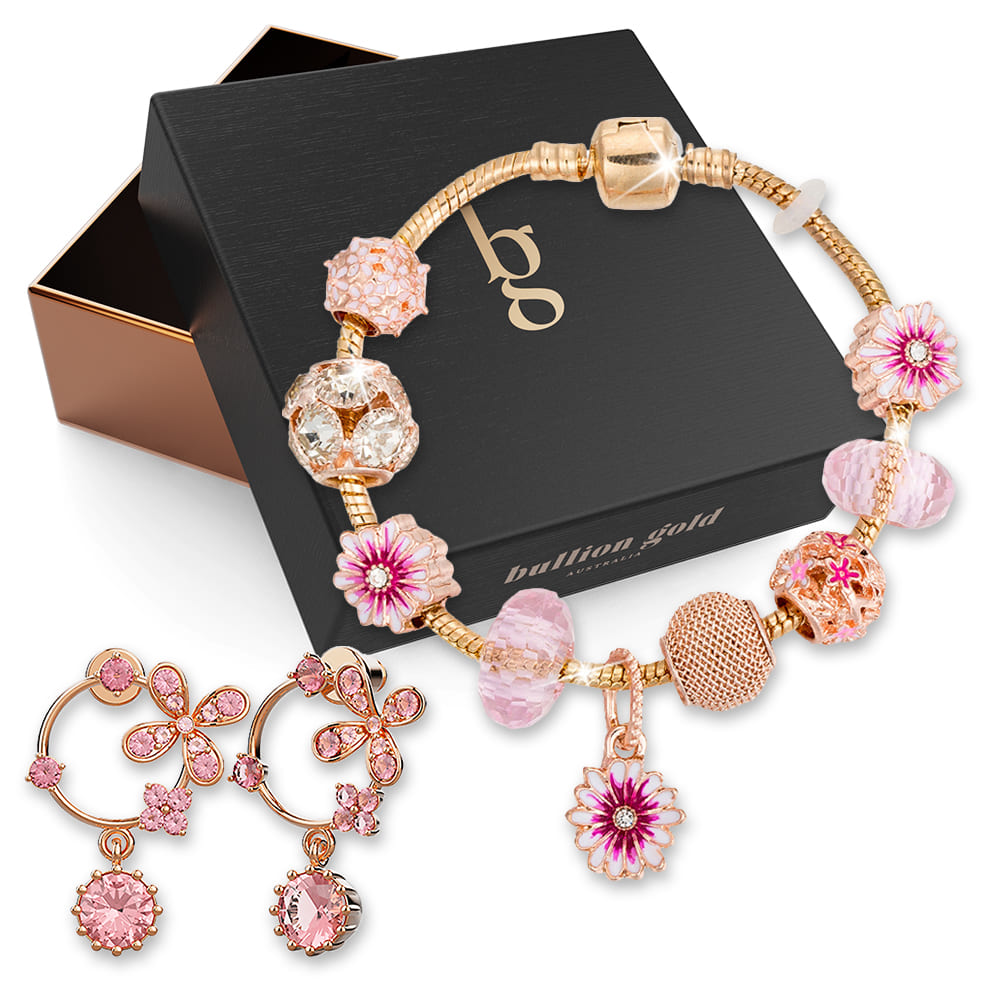 Boxed Set of Pandora Inspired Bead Charm Bracelet and Cecily Pink Floral Drop SWAROVSKI® Crystal Encrusted Earrings Set