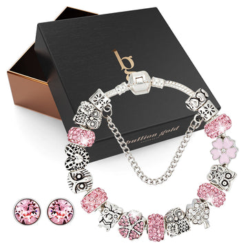 Boxed Set of Pandora Inspired Bead Charm Bracelet and Exquisite SWAROVSKI® Crystal Encrusted Earrings