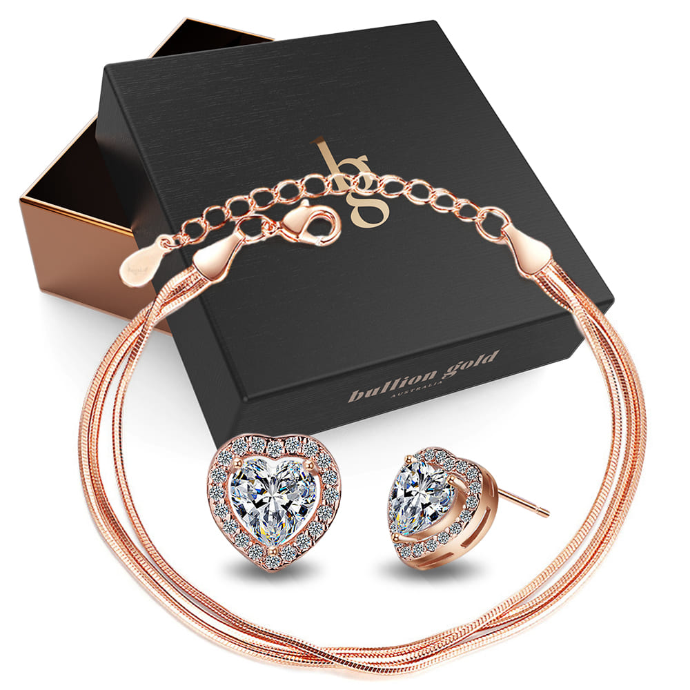 Boxed Rose Gold Layered Bracelet and Heart Love Zircon Studs Earrings Set