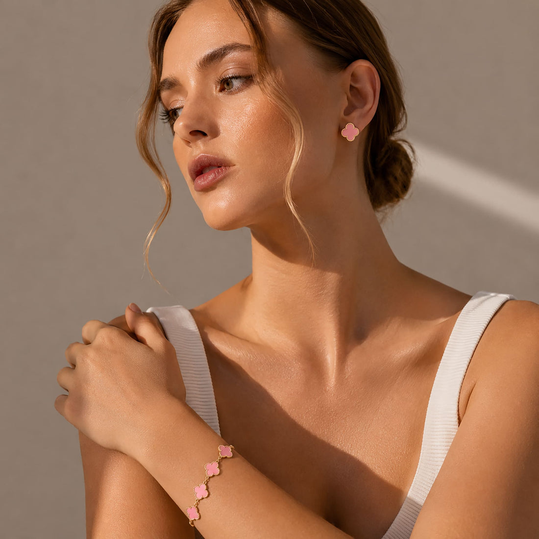 Boxed Pink Clover Bracelet and Earrings Set