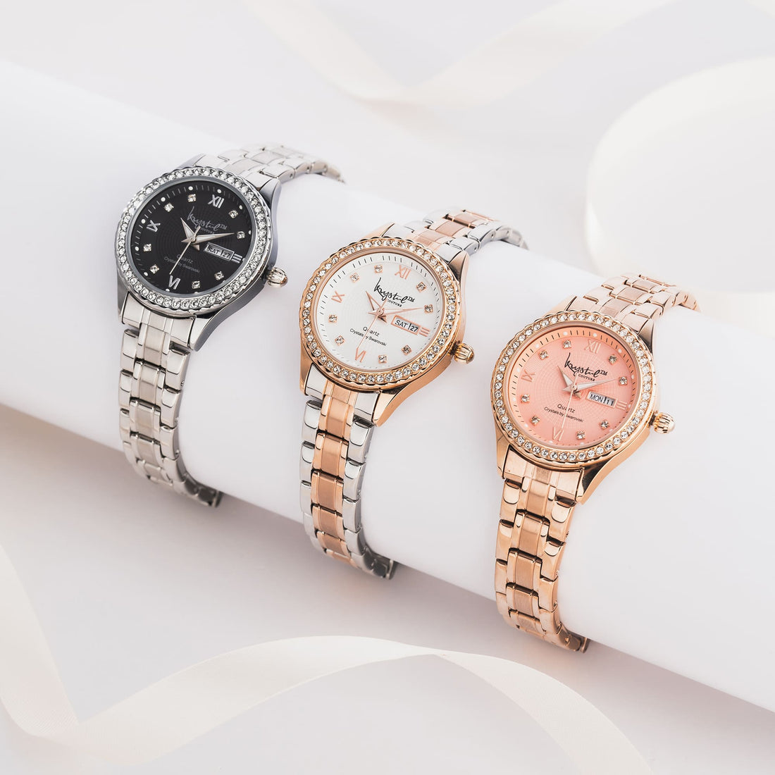 Lustrous White Gold on Black Watch Embellished With SWAROVSKI® Crystals