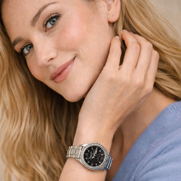 Lustrous White Gold on Black Watch Embellished With SWAROVSKI® Crystals