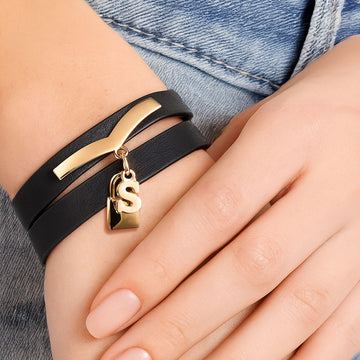 Genuine Cow Leather Wrap Bracelet in Black With Letter 'S'
