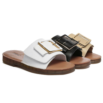 EVERAU® UGG Women Leather Buckle Adjustable Ultra Soft Flat Slides Bera #EA7034