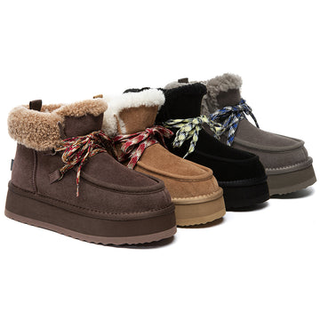UGG EVERAU® Boots Women Sheepskin Wool Lace Up Ankle Platform Honour