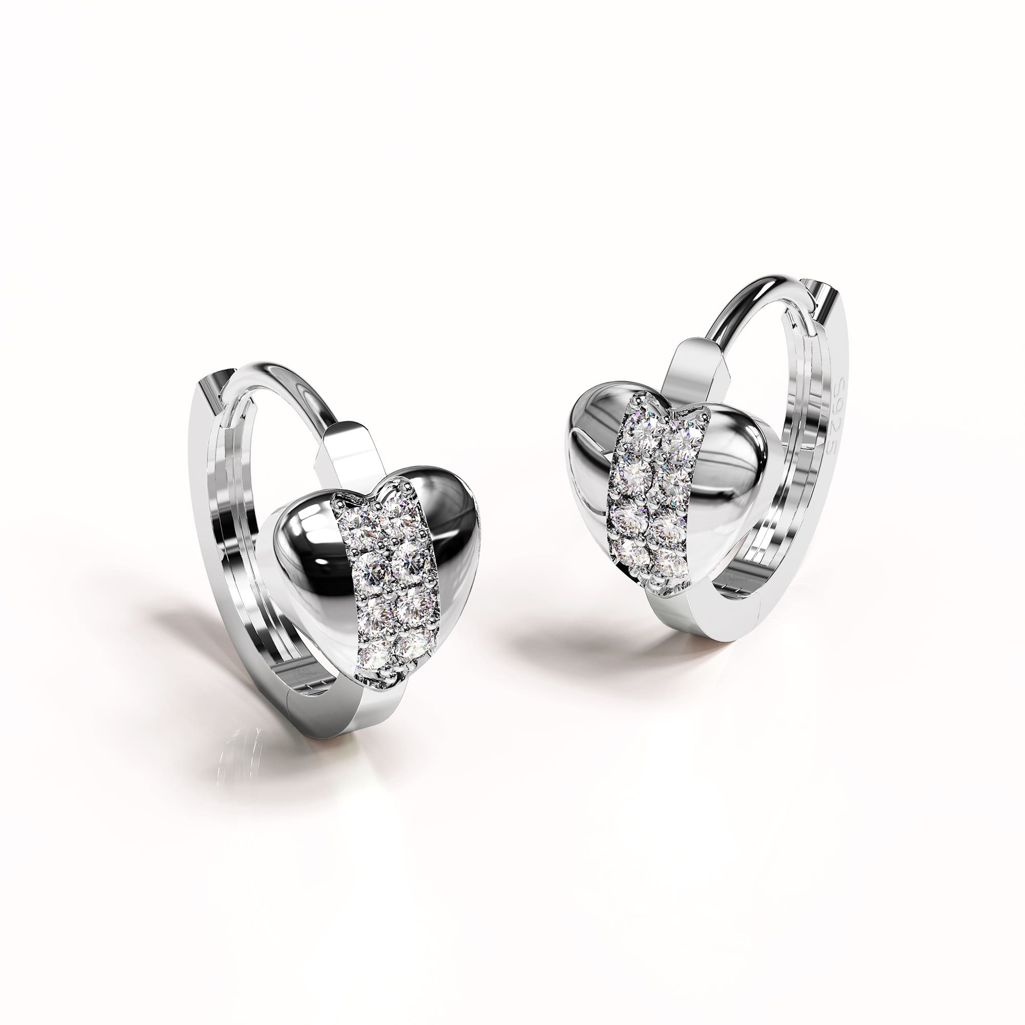 Solid 925 Sterling Silver Cubic Zirconia Middle Paved Heart Shaped Hoop Earrings