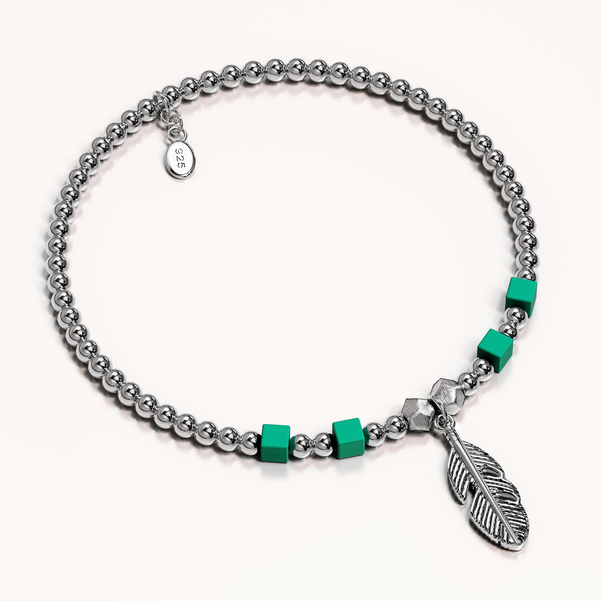 Solid 925 Sterling Silver Turquoise Gemstone & Leaf Charm Bead Bracelet