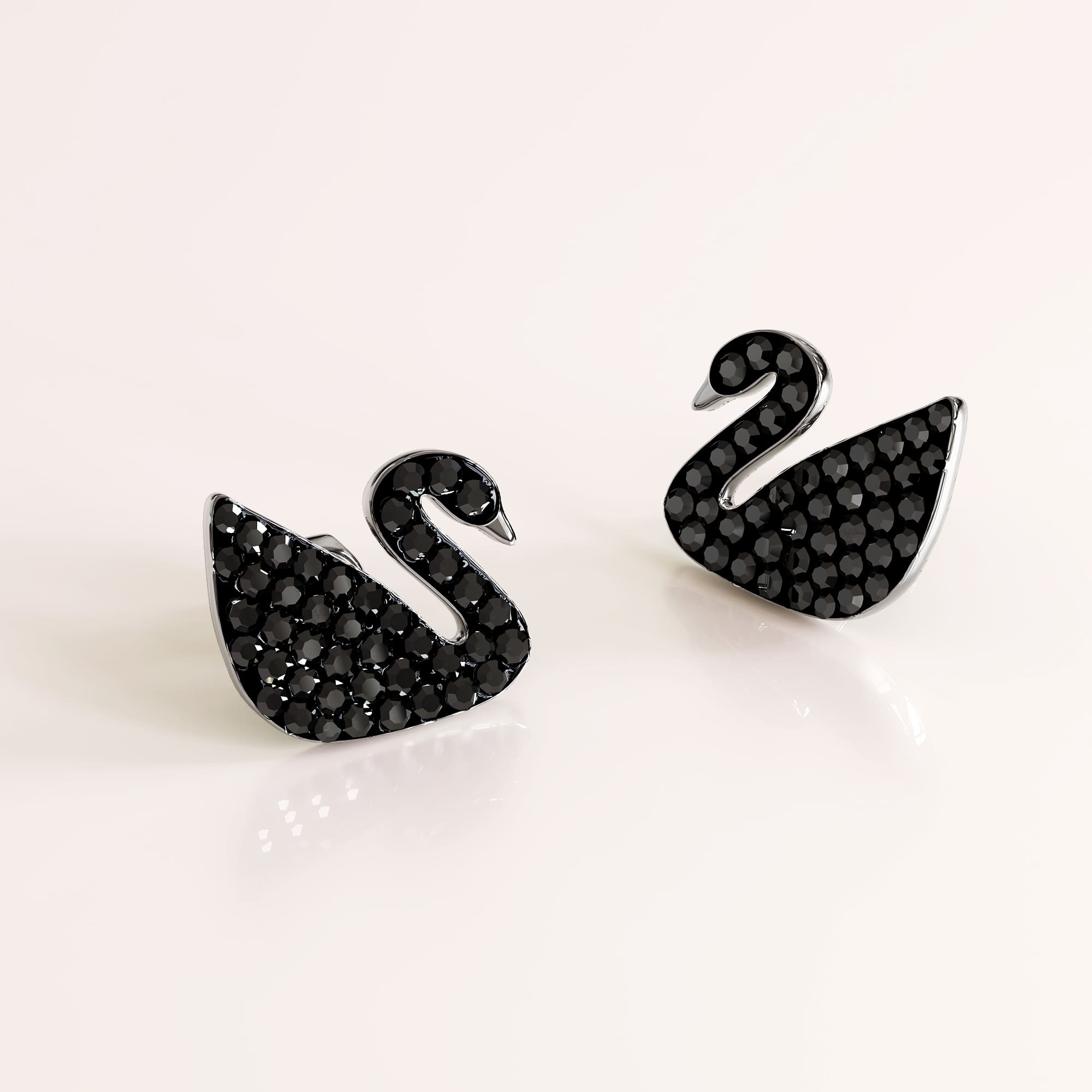 Solid 925 Sterling Silver Jet Swan Stud Earrings