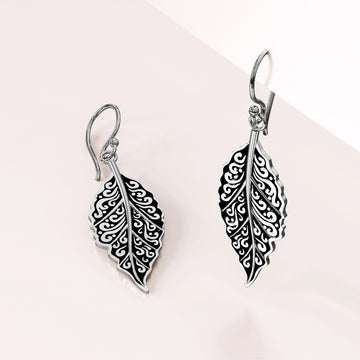 Solid 925 Sterling Silver Oxidised Large Leaf Dangle Earrings