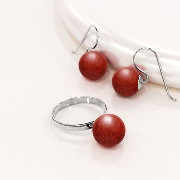 Boxed Solid 925 Sterling Silver Red Coral Earrings and Ring Set