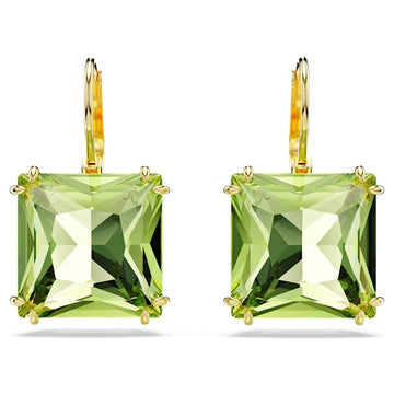 Swarovski® Millenia drop earrings Square cut, Green, 18k gold finish