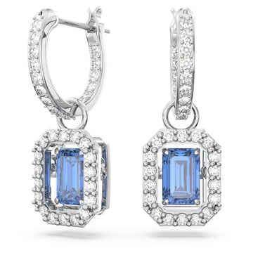 Swarovski® Una drop earrings-Octagon cut, Blue, Rhodium plated