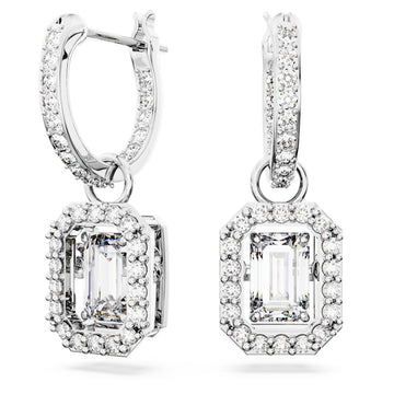 Swarovski® Una drop earrings-Octagon cut, White, Rhodium plated