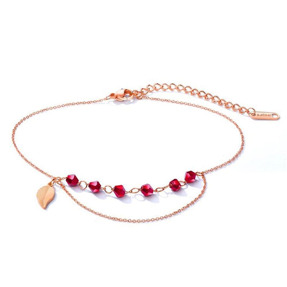 Stylish Audrey Leaf and Red Stones Foot Chain Rose Gold Layered Anklet