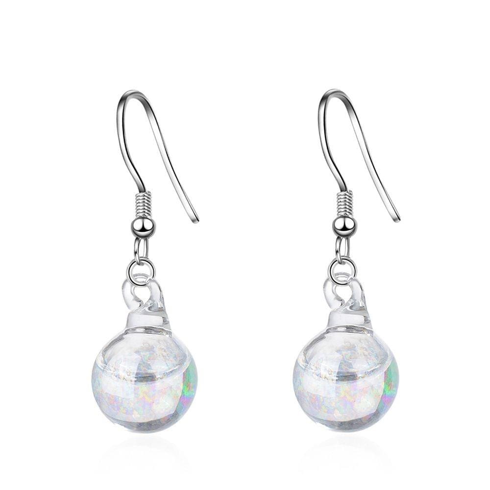 Clear Rainbow Glass Bubble White Gold Layered Drop Earrings - Brilliant Co