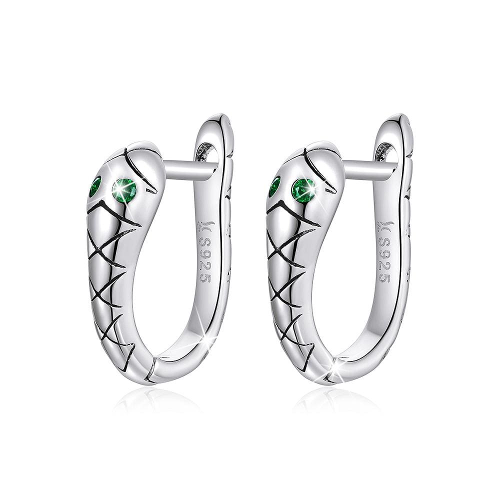 Solid 925 Sterling Silver Cubic Zirconia Emerald Green Eyes Snake Hoop Earrings