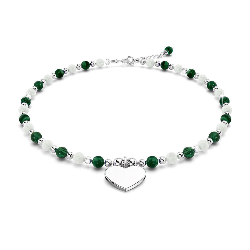 Solid 925 Sterling Silver Heart Green Malachite and Freshwater Pearls Beaded Bracelet