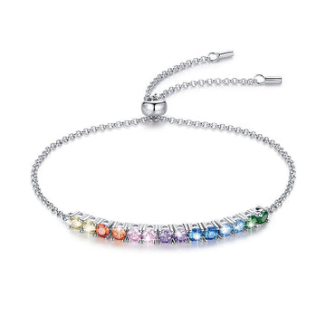 Solid 925 Sterling Silver Rainbow Cubic Zirconia Slider Bracelet
