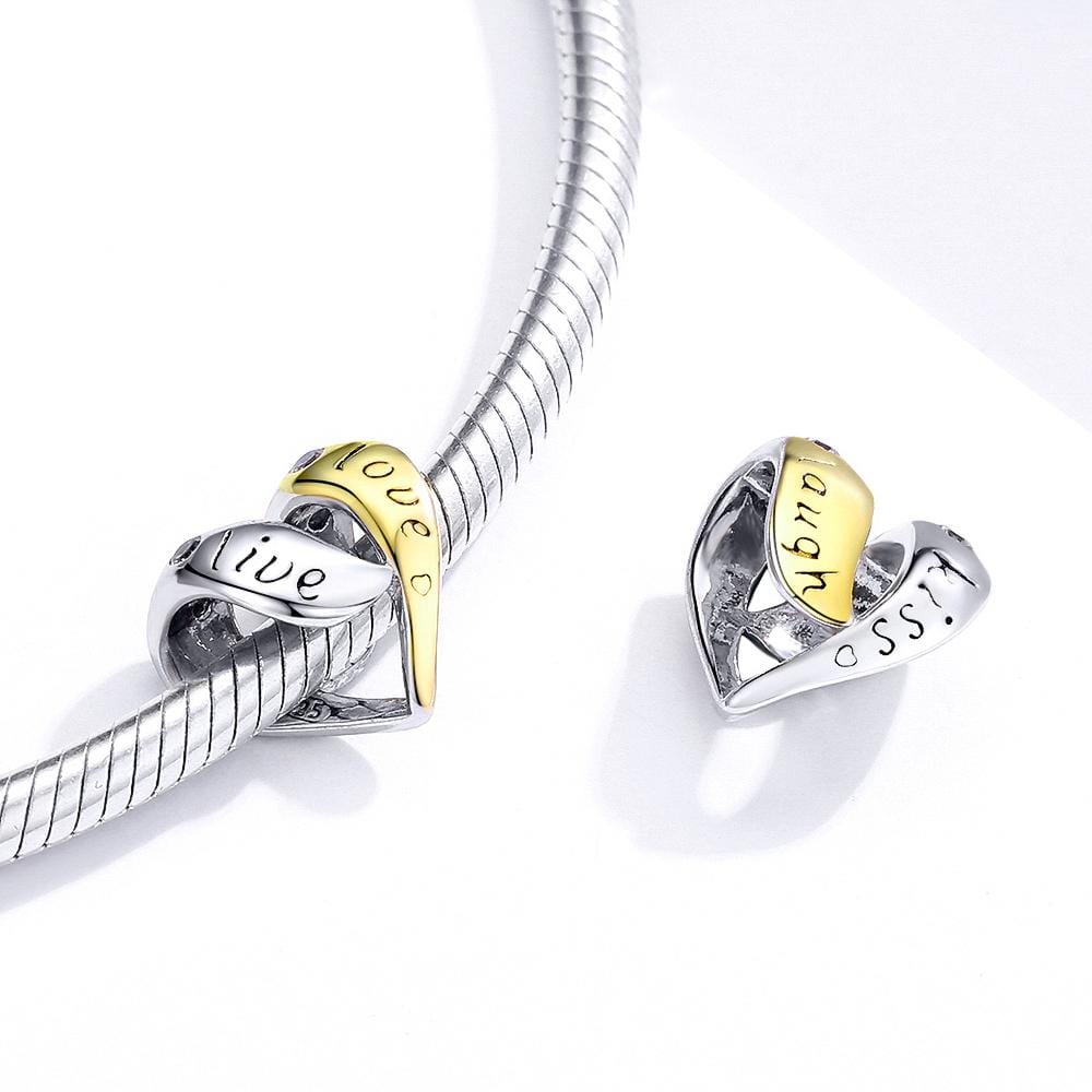 Solid 925 Sterling Silver Live Love Kiss Laugh Heart Pandora Inspired Charm - Brilliant Co