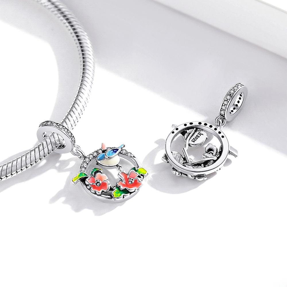 Solid 925 Sterling Silver Blue Lovebird Floral Pandora Inspired Charm