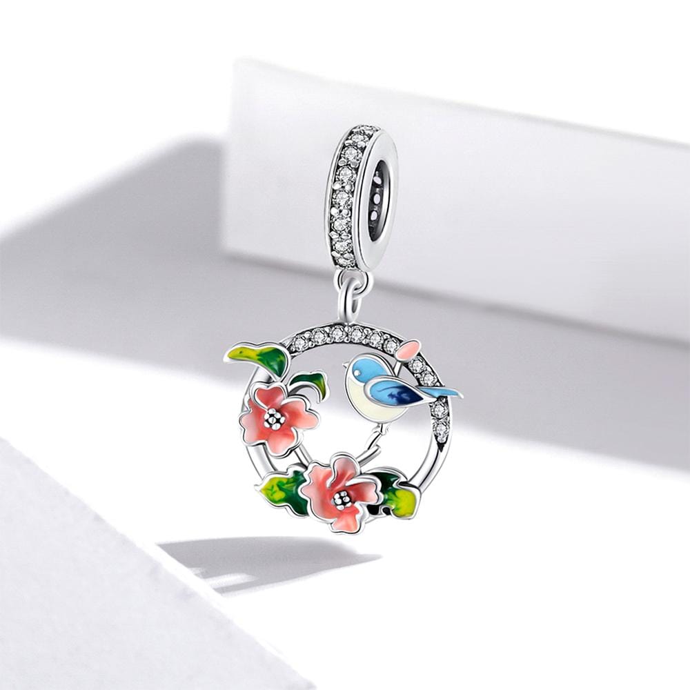 Solid 925 Sterling Silver Blue Lovebird Floral Pandora Inspired Charm