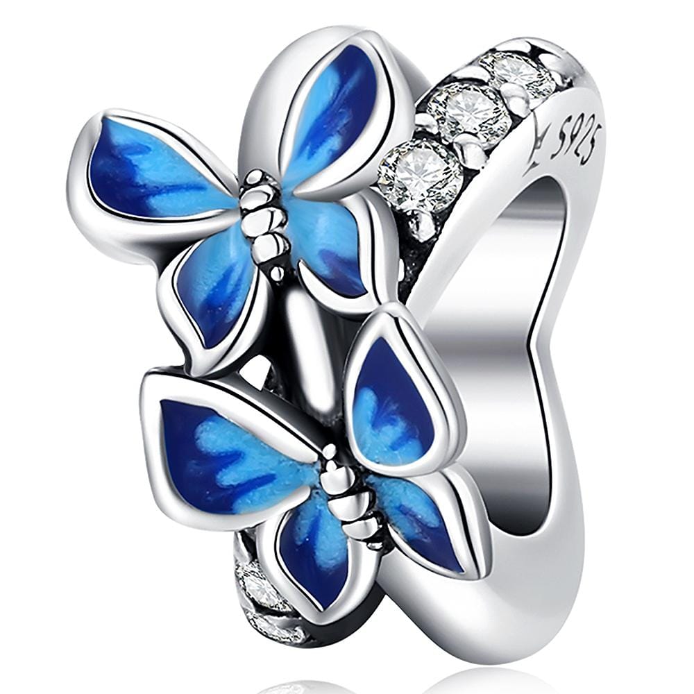 Solid 925 Sterling Silver Twin Blue Inlay Butterfly Pandora Inspired Charm - Brilliant Co