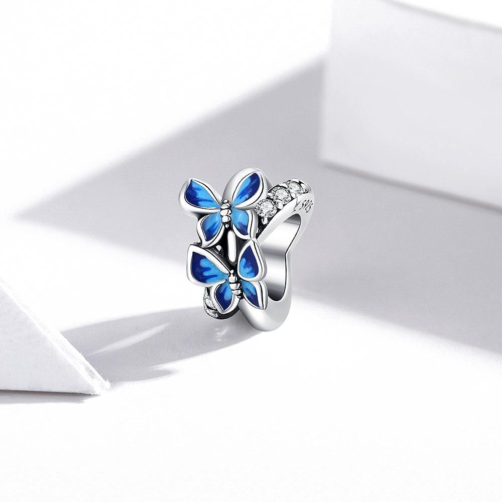 Solid 925 Sterling Silver Twin Blue Inlay Butterfly Pandora Inspired Charm - Brilliant Co