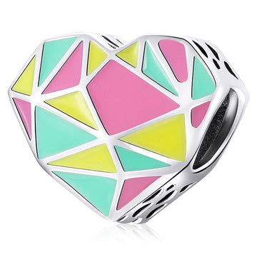 Solid 925 Sterling Silver Multicolur Heart-Shaped Geometric Pandora Inspired charm