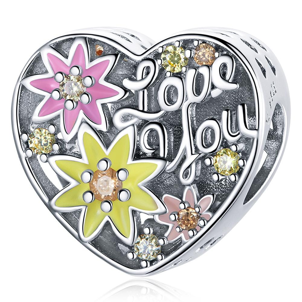 Solid 925 Sterling Silver Heart-Shaped Love You Floral Pandora Inspired Charm