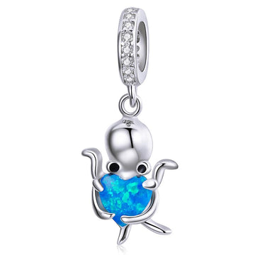 Solid 925 Sterling Silver Little Octopus feat. Blue Blazing Heart Pandora Inspired Charm