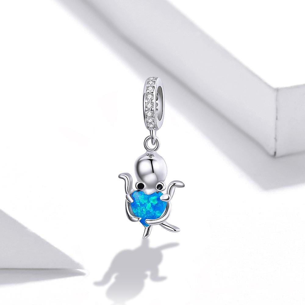 Solid 925 Sterling Silver Little Octopus feat. Blue Blazing Heart Pandora Inspired Charm