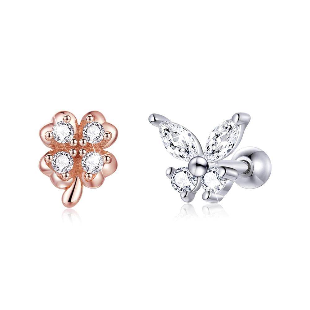 Solid 925 Sterling Silver Mismatch Butterfly Clover Zirconias Stud Earrings - Brilliant Co