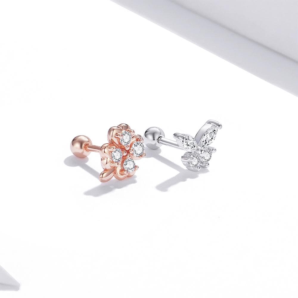 Solid 925 Sterling Silver Mismatch Butterfly Clover Zirconias Stud Earrings - Brilliant Co