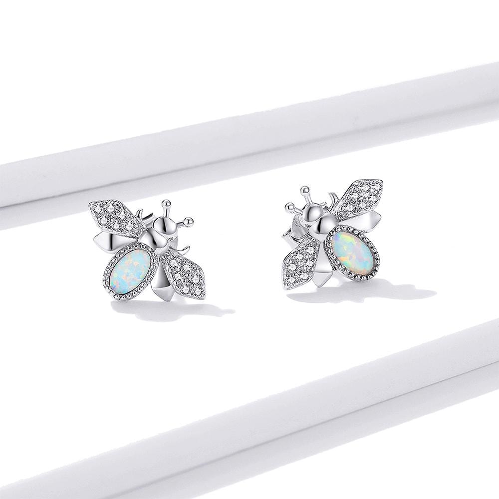 Solid 925 Sterling Silver Queen Bee Cabochon Opal Stud Earrings